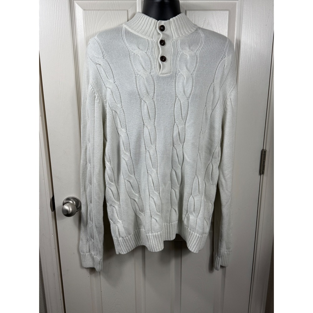 Mens Chaps XL White Cotton Cable Knit Mock Neck‎ Button Sweater Pullover
